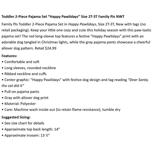 Toddler 2-Piece Pajama Set “Happy Pawlidays” Size 2T-3T Family PJs NWT - Picture 2 of 5